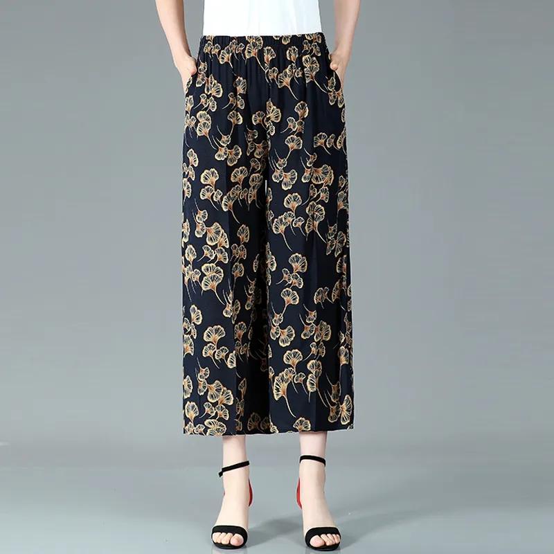 WTEMPO Женские широкие брюки из смеси хлопка и конопли большого размера, тонкие укороченные брюки с высокой талией и эластичным принтом для мамы