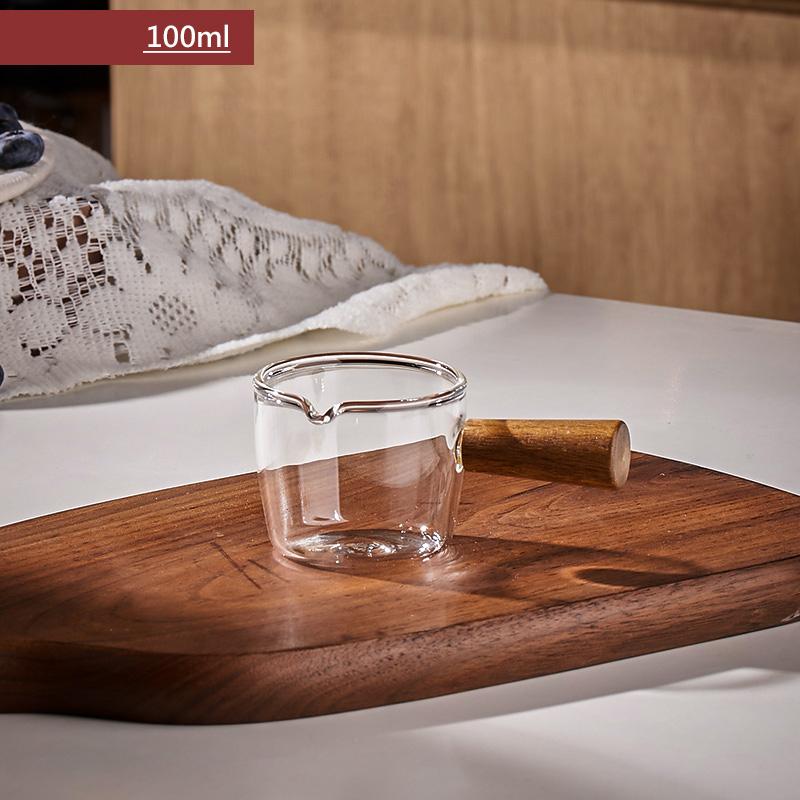Стеклянный мерный стаканчик для эспрессо с одним/двойным носиком, молочник, принадлежности для кофе, прозрачная кухонная мерная кружка с деревянной ручкой