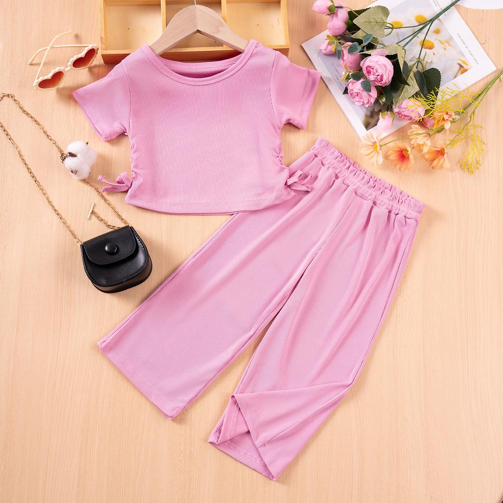 Girls Sweet Short T and Loose Cropped Pants Casual Wide Leg Set 2025 Summer Children's Fashion Set