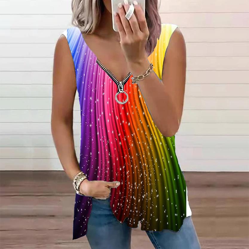 Женский топ, летняя новая мода, разноцветный повседневный топ с цветочным принтом, большие размеры, без рукавов, на молнии, с v-образным вырезом, майка