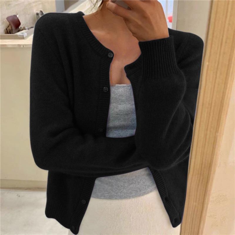 Solid Color Women's Round Neck Knitted Cardigan - Single-Breasted, Long-Sleeved Pullover Sweater Outerwear.