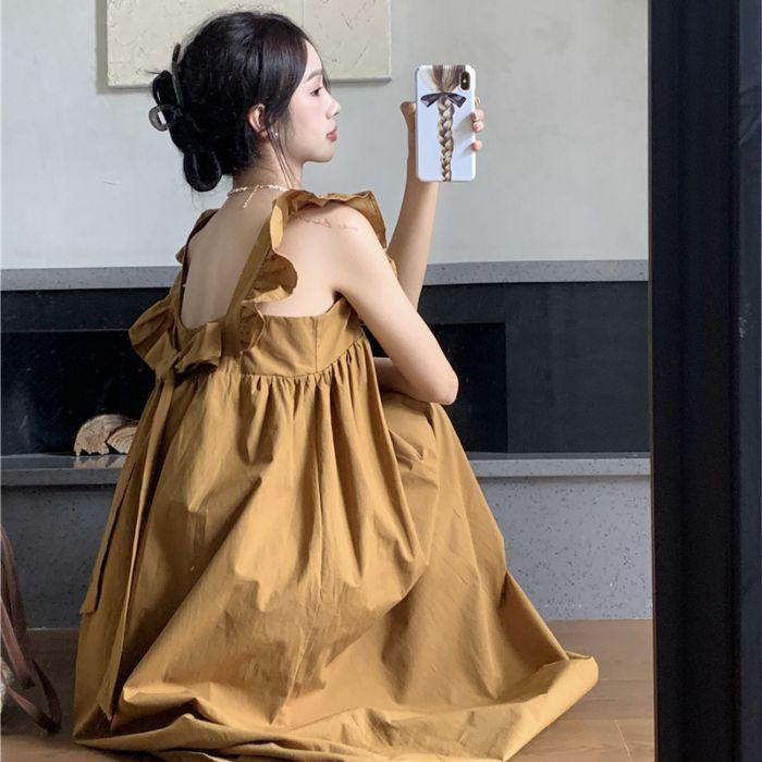 Sweet age-reducing backless strap bow flying sleeve dress summer new meat-covering and thin a-word long skirt