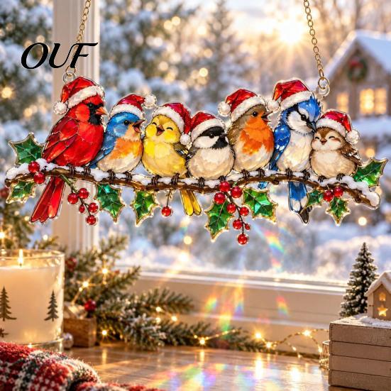 Christmas Tree Ornament Bird Window Hanging Ornament, Stained Glass Effect Suncatcher with Atmosphere Enhancing Art Metal Chain, Colorful Decorative