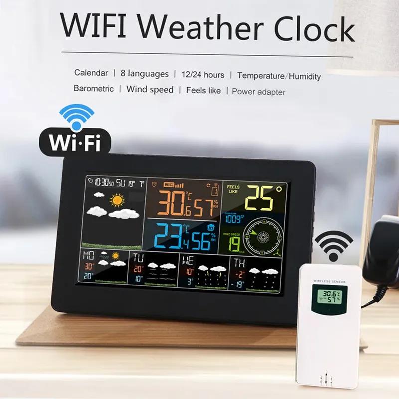 Умная погодная станция WiFi, комнатная и уличная, отображение температуры, влажности, атмосферного давления, скорости ветра, управление через приложение, многофункциональные часы