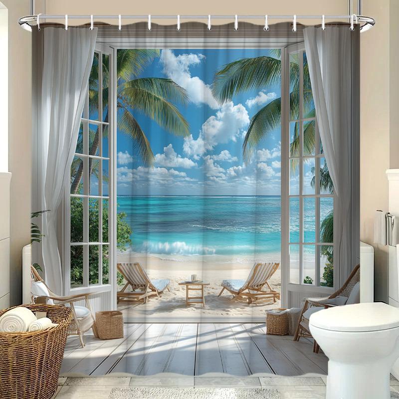 1pc Summer Beachfront Shower Curtain, Ocean Mediterranean Scenery Beach Nature Scenery Tropical Palm Tree Plants, Modern For Hom