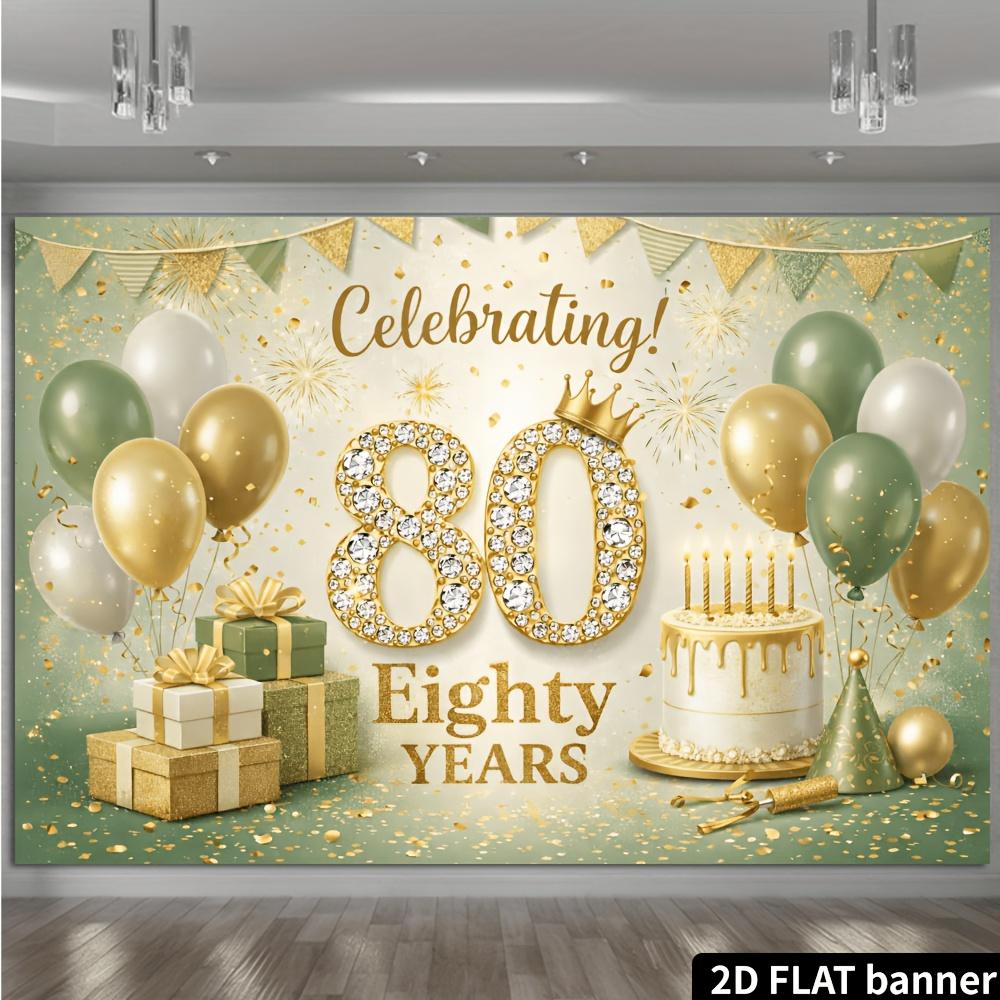 2D plane 80th birthday backdrop golden-green balloons crown-shaped cake polyester material