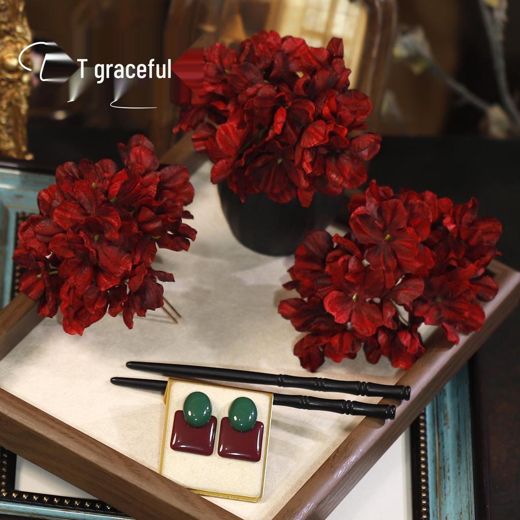 Ретро Заколка для волос в виде цветка из ткани винного цвета - Головной убор в классическом китайском стиле