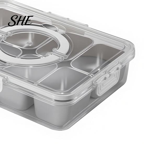 Leakproof Bento Box for Picnic Snackle Container, Stainless Steel Divided Serving Tray with Lid & Handle, 8 Compartment Large Snack Durable Food Road