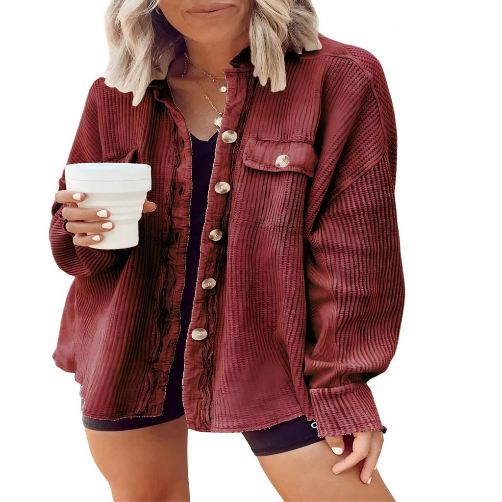 Elegant Solid Color Ribbed Tops Lady Jackets Autumn Winter Fashion Breasted Button Women Coats Casual Loose Long Sleeve Outwears