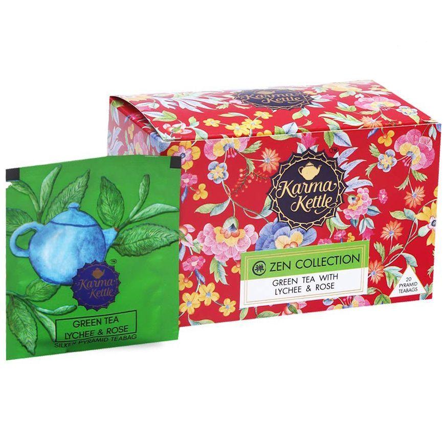 Green Tea with Lychee and Rose (20 Pack, 2 G), Green Tea with Lychee & Rose, Karma Kettle