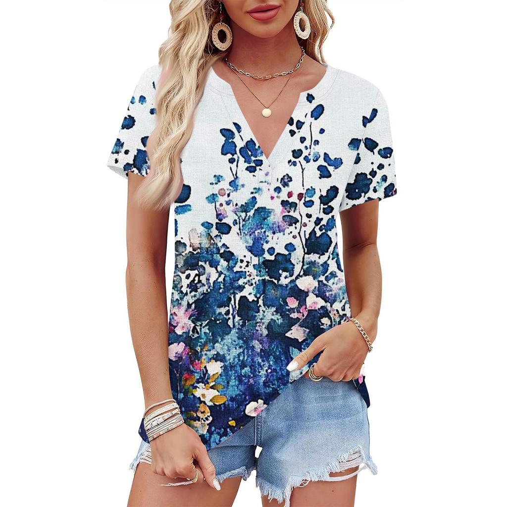 Женская летняя рубашка с коротким рукавом и V-образным вырезом с цветочным принтом, деловая повседневная свободная футболка, трендовая модная одежда, топы