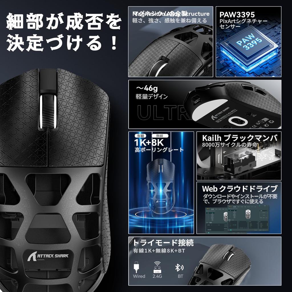 ATTACK SHARK R3 Gaming Mouse 3 Modes Magnesium Alloy Version Connection Ultra Light Mouse 46g 8000hz PAW3395 Sensor 26000DPI Quick Charging Ergonomic