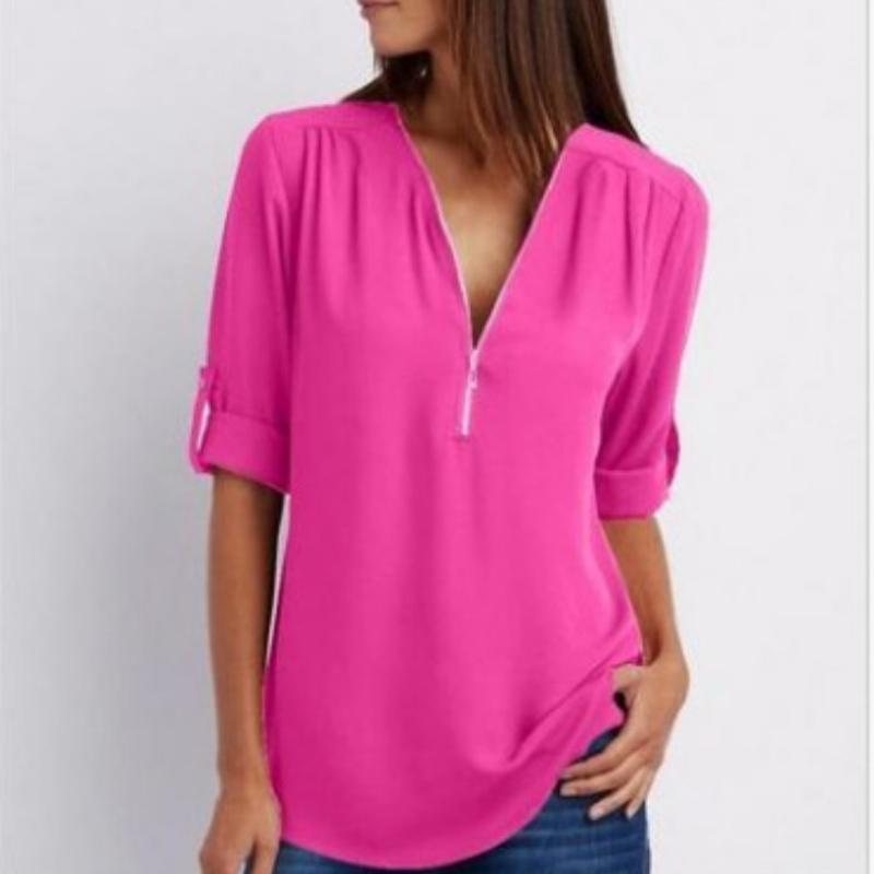 Shirt V-neck Zipper Plus Size Women's Long Sleeved Loose Chiffon Shirt with Adjustable Sleeves