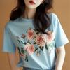 2025 Summer New Simple and Fresh Flower Printed Short-sleeved T-shirt Casual Fashion Versatile Top for Women