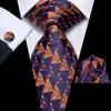 Hi-Tie Dark Gold Plaid Jacquard Mens Silk Tie Classic Necktie Cufflink Hanky Set