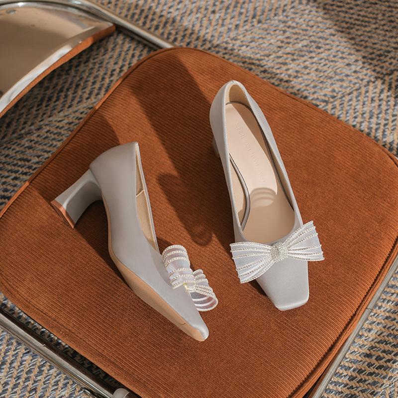 B Temperament Square Head Thick Heel Women's Wedding Shoes New Bow Versatile Comfortable Single Shoes Women