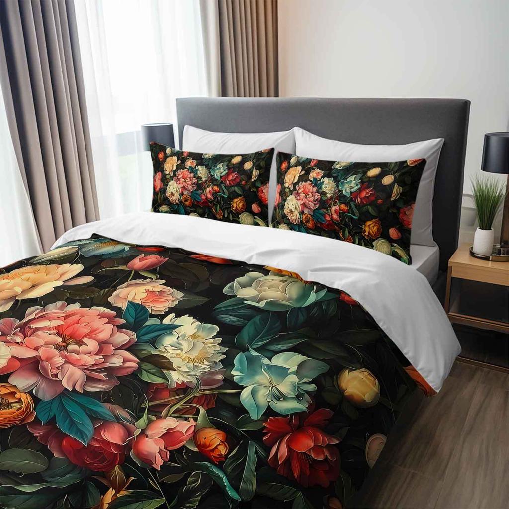3 шт. Винтажный цветочный комплект постельного белья Пододеяльник Бохо цветочный комплект постельного белья Стеганое одеяло Темный цветочный тематический комплект стеганого одеяла для кровати Роскошный