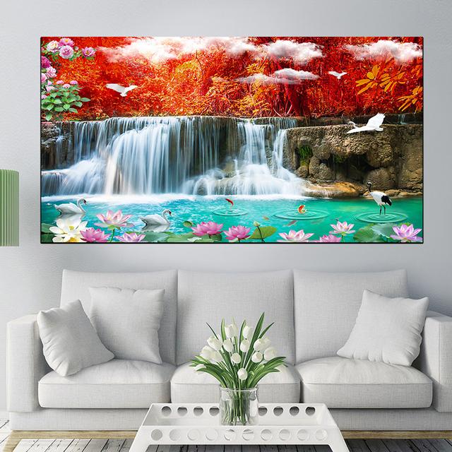 Abstract Swan Waterfall Lotus Canvas Painting Modern Landscape Posters and Prints Wall Pictures Living Room Home Decor No Frame