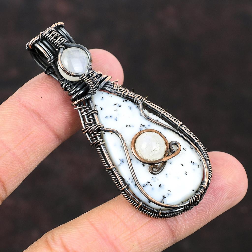 Подвеска из опала дендрита, обернутая медной проволокой, подвеска из лунного камня, обернутая ювелирным изделием, подвеска из меди ручной работы, достойные ювелирные изделия из драгоценных камней для подарка