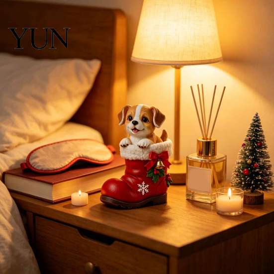 Seasonal Living Room Accents Christmas Puppy in Santa Boot Resin Figurine, Cute Dog Holiday Tabletop Decor with Ornaments Bow Bell Holly, Festive Home