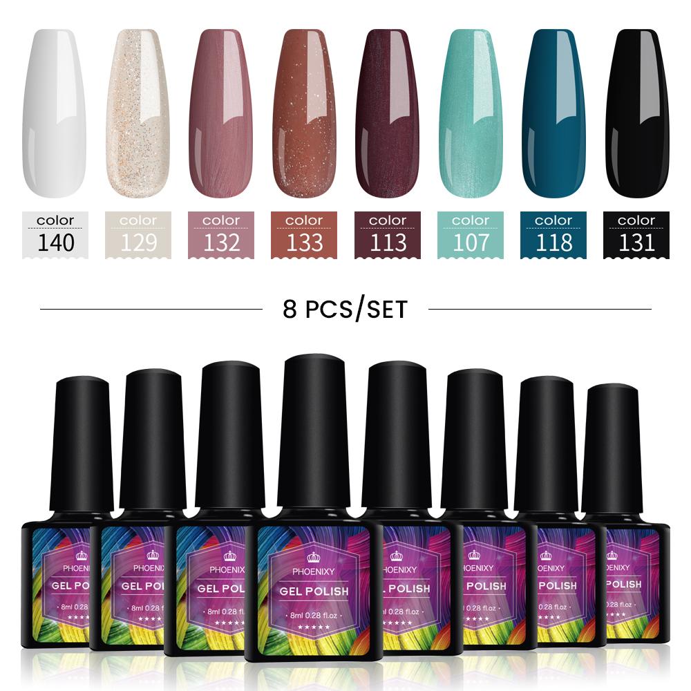 PHOENIXY 8 мл набор гель-лаков для ногтей 8 цветов УФ-гель-лак для ногтей стартовый набор Soak Off блестящий блестящий гель-лак для ногтей набор лаков для ногтей подарки маникюрный набор