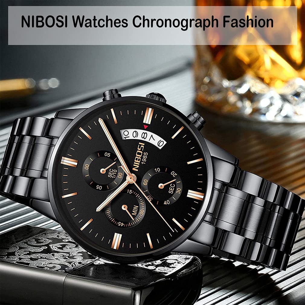NIBOSI Men's Watch, Black, Big Face, Chronograph, Analog, Business, Casual, Metal Band, Stainless Steel, Date, Fluorescent, Luxury, Father's Day Gift