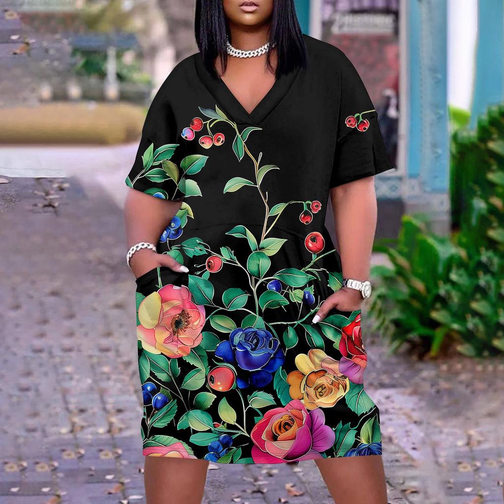 Большое платье, женское летнее платье с v-образным вырезом, платье с короткими рукавами и принтом, с карманами