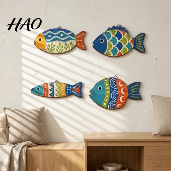 Wooden Fish Wall Art 4PCS Coastal Themed Decoration, Bohemia Colorful Pattern Print Bathroom Seaside Decorations Plaques, Decorative Hanging