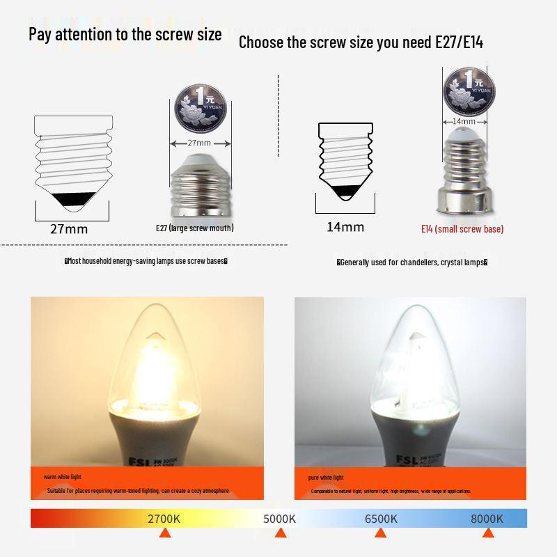 Светодиодная свеча Foshan Lighting, цоколь E14, 6,5 Вт, с вытягивающим хвостиком, Кристаллическая точка