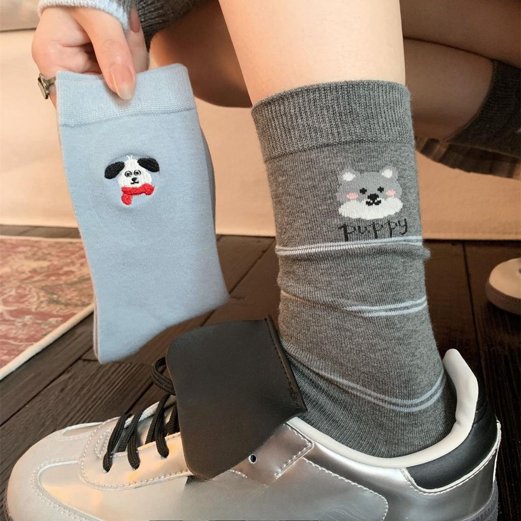 Little Dog Embroidery Gray-blue Series Socks, Women's Mid-calf Socks, Versatile Cotton Socks, Boneless Cartoon Cute Pile Socks