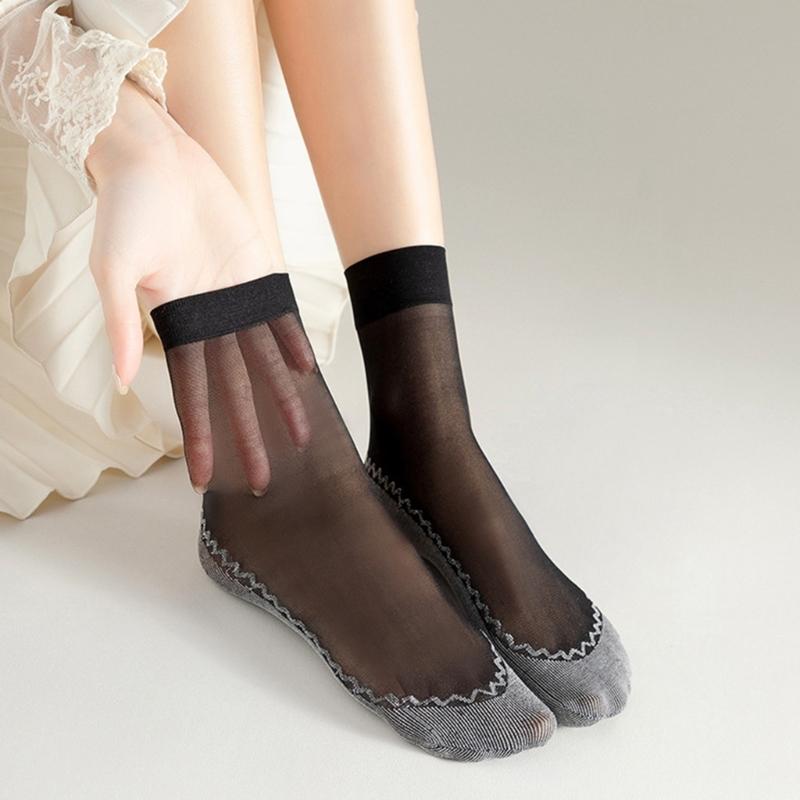 10 Pairs Women Slip-Resistant Cotton Soles Transparent Medium Tube Silk Socks