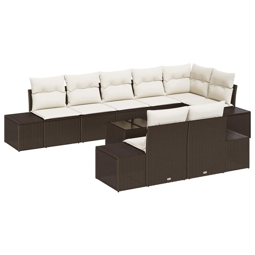 9 piece garden sofa set with cushions brown and cream poly rattan