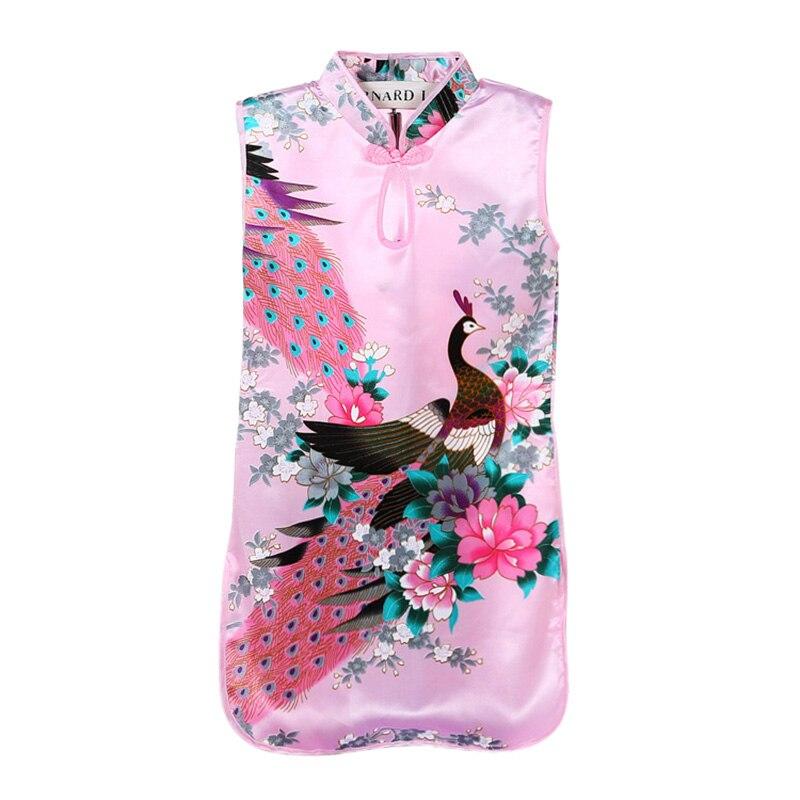 Летнее детское китайское платье Cheongsam без рукавов с принтом павлина для девочек