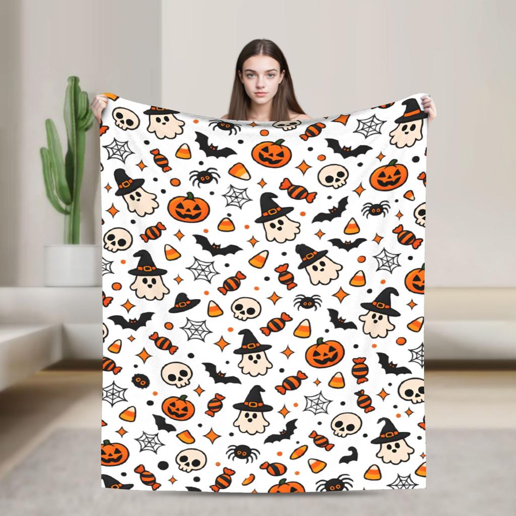 Comfortable Throw Blanket Picnic Halloween Candy Ghost Witch Bat Skull White Background Seamless Pattern Blanket Bedspread