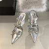Fashion Advanced Sense ~! Silver Patent Leather Rhinestone Bow Pointy Half Slippers For Women With Fine Heels And High Heels