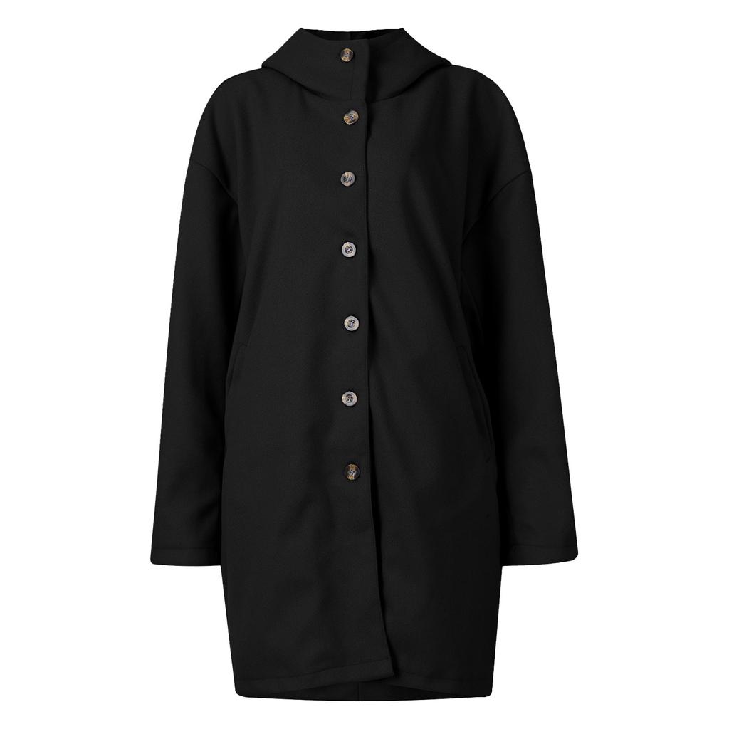 Womens Solid Color Jacket Casual Loose Fit Button Coats Button Up Long Sleeve Outerwear With Pocket, Hooded Overcoat