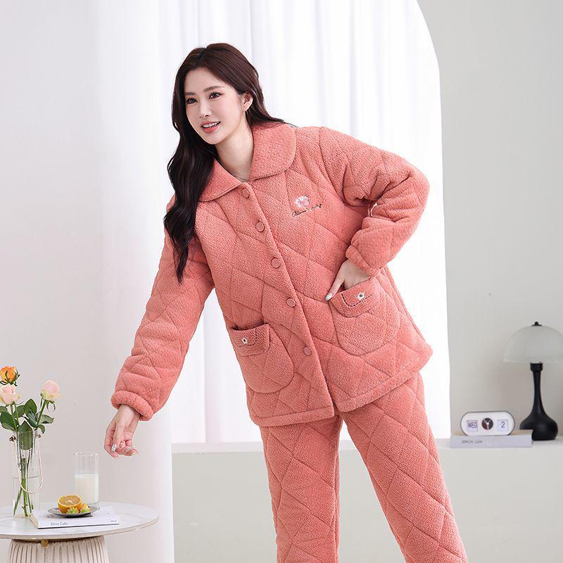 Женская зимняя стеганая пижама из кораллового флиса - Теплый фланелевый комплект для дома для мам среднего и пожилого возраста