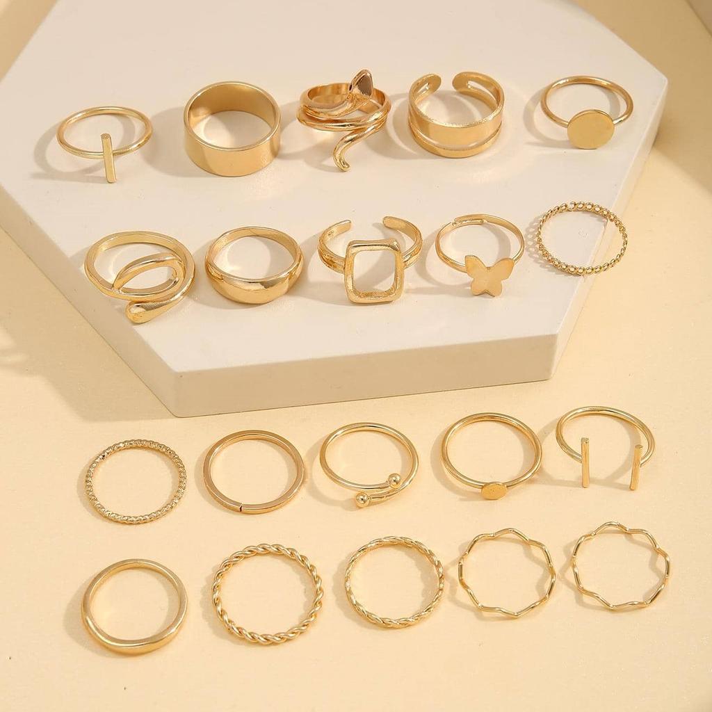 17KM Vintage Gold Color Snake Ring Set 20Pcs/Set Geometric Butterfly Adjustable Rings for Women Girls Fashion Jewelry Gift