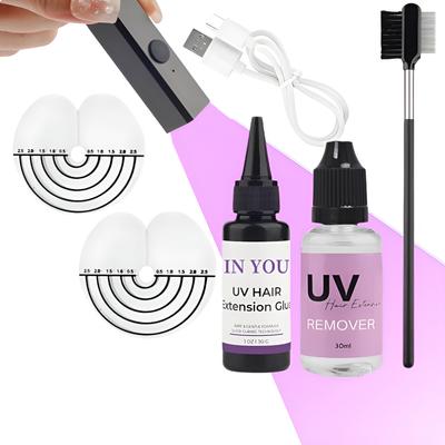 Набор для УФ наращивания волос V Light: 30 г Клей + Лампа и Ремувер, Быстрое Невидимое Склеивание без Повреждений, Безопасное Использование Дома и в Салоне с Расческой