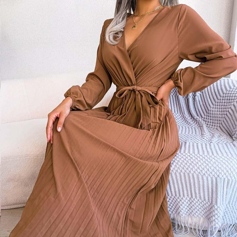 Элегантное плиссированное длинное платье с v-образным вырезом и длинными рукавами, женское осеннее офисное платье с длинным рукавом, свободные платья на шнуровке, модная одежда 29237