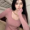 Women's U-Neck Low-Cut Knitwear Top Autumn Winter Base Shirt Slim Fit Tight Short Sweater
