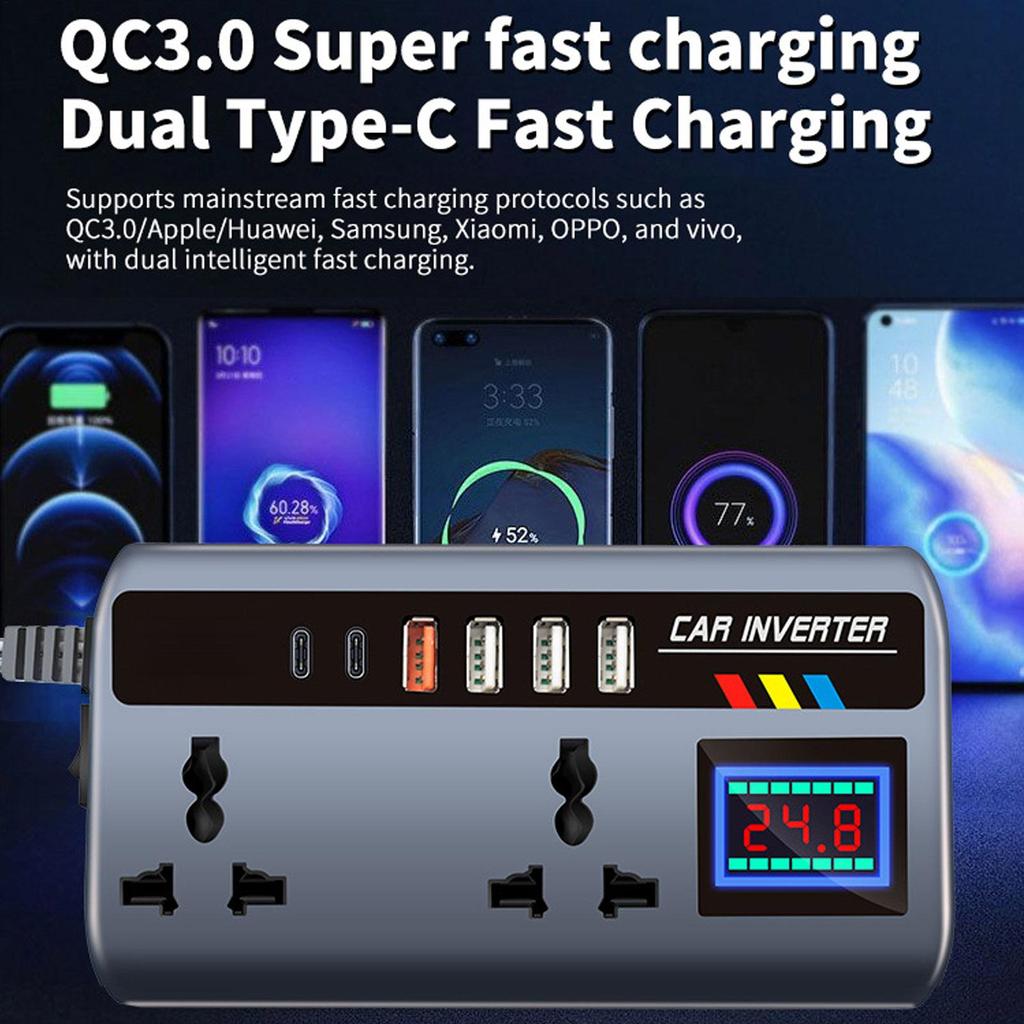 200W Car Inverter DC 12V/24V To 220V AC Power Inverters 3 USB 2 Type-C Ports Charger Adapter Car Plug Converter with LED Screen