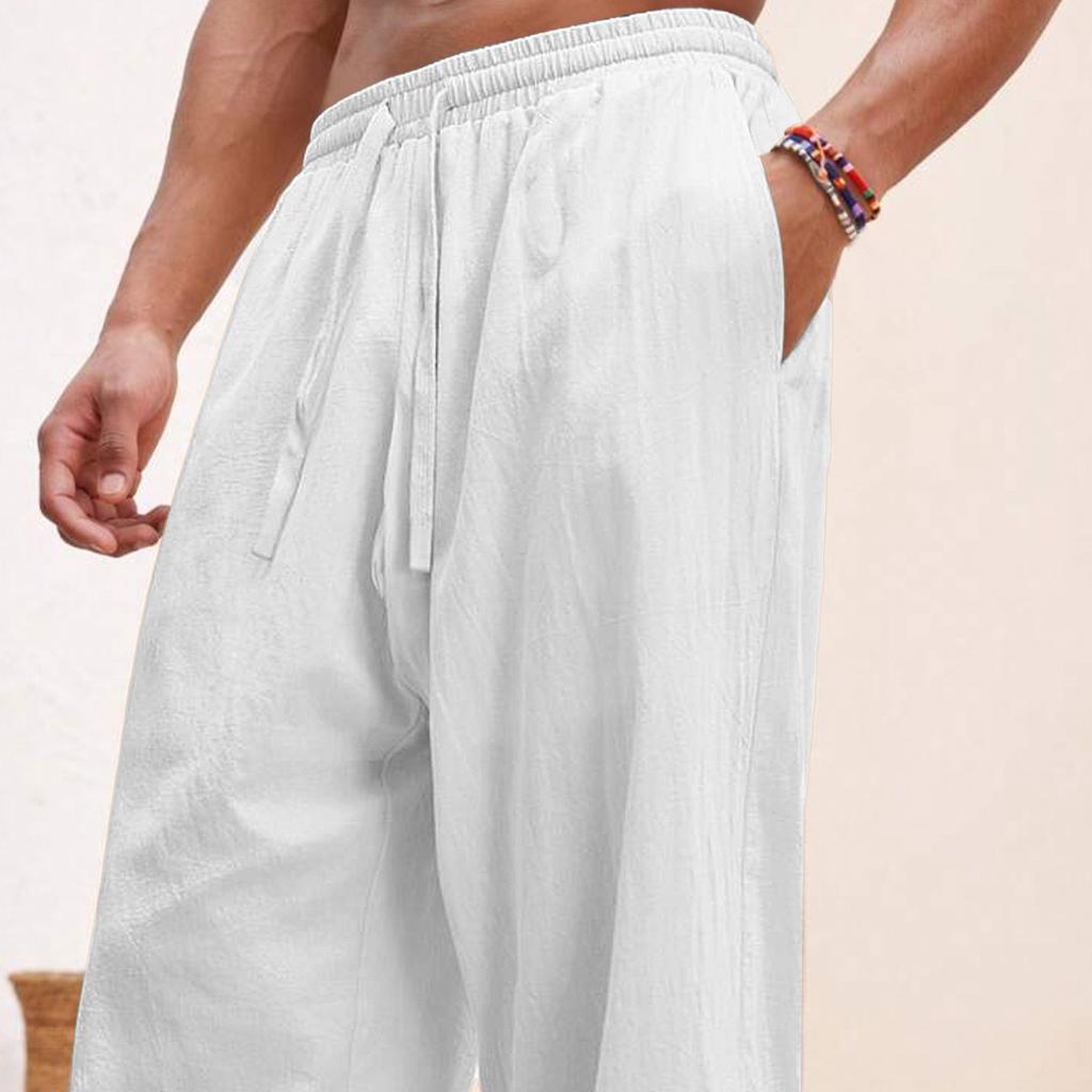 Европейские и американские мужские льняные прямые свободные брюки однотонные повседневные на шнуровке широкие пляжные брюки