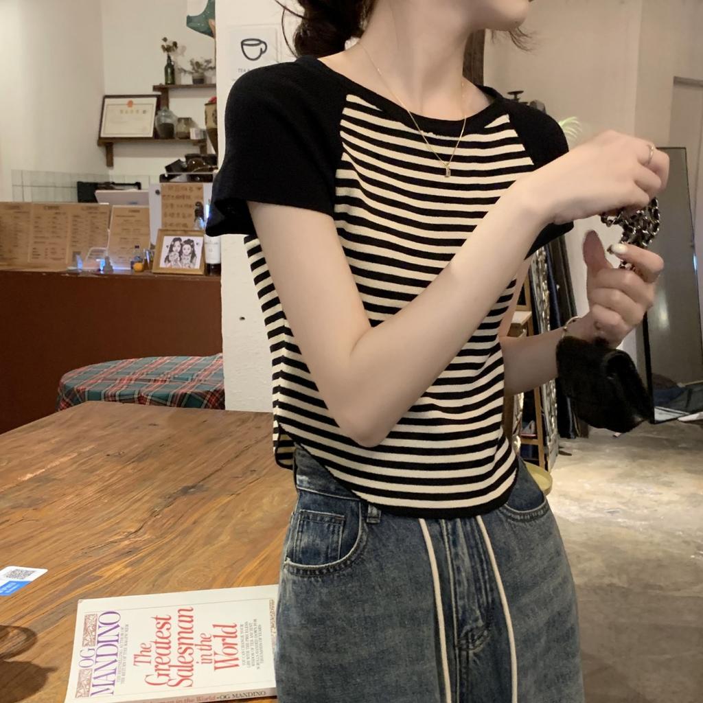 Summer Temperament Shoulder-length Contrasting Stripes Versatile Ice-cool Knitted Sweater Short-sleeved T-shirt Women's Top