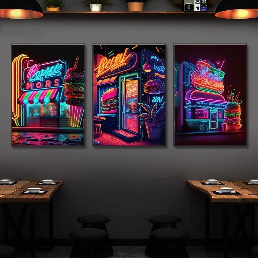 Неоновый арт, пицца, гамбургер, кофе, мороженое, плакат, настенная живопись на холсте, печатные изображения, ресторан быстрого питания, клубный бар, домашний декор без рамки