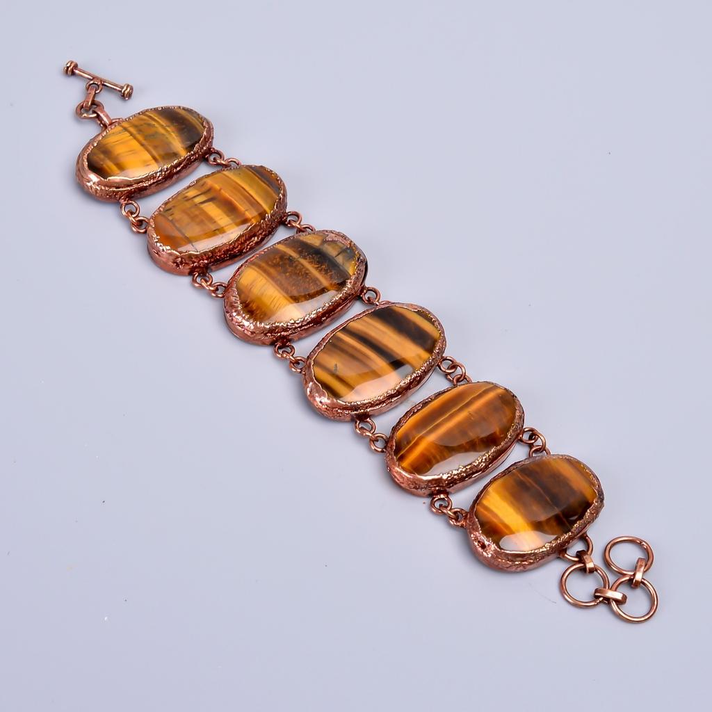 Natural Tiger Eye Copper Electroformed Statement Sacral Chakra Bracelet Jewelry V-75