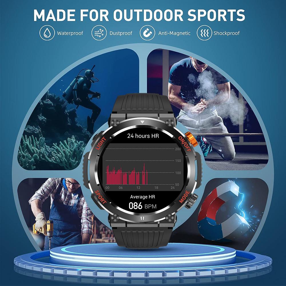 Военные QTLLBT SmartWatch 1,46-дюймовый HD светодиодный фонарик компас фитнес-трекер с функцией спортивные часы, пульсометр SPO2 совместимы с