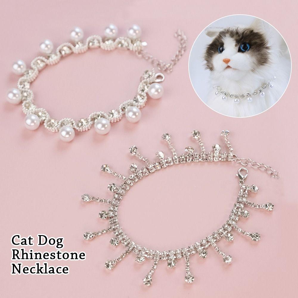 Товары Товары для кошек Регулируемое жемчужное ожерелье Ошейник с жемчугом для домашних животных Украшения для кошек Колокольчик для собак со стразами