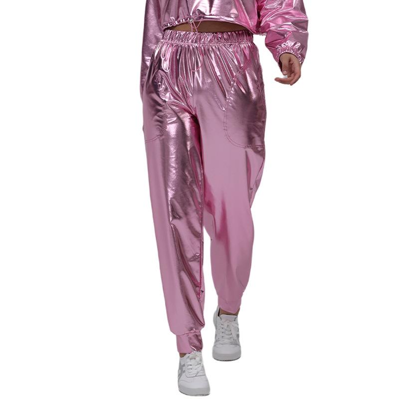 Женские блестящие металлические брюки-джоггеры, повседневные шаровары с высокой талией, голографические брюки в стиле хип-хоп, уличная одежда