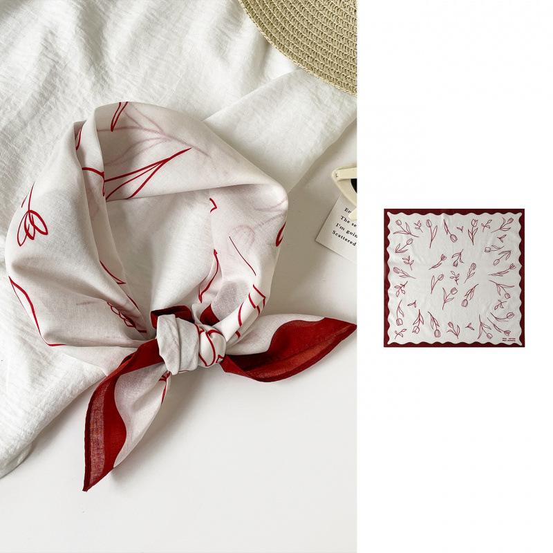 French Elegant Rose Print Silk Scarf 55 Cotton Small Square Scarf Women'S Soft Cotton Headscarf Scarf Scarf